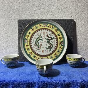 Vintage Chinese Dragon and phoenix double happiness plate With 3 Matching Cups
